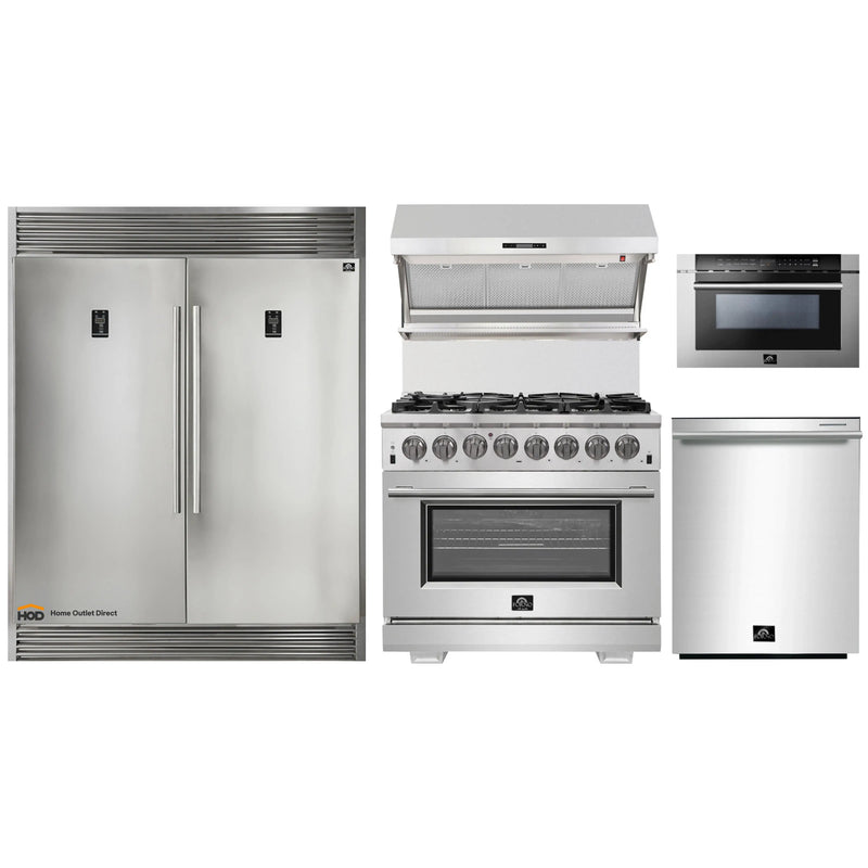 Forno 5-Piece Pro Appliance Package - 36-Inch Dual Fuel Range, 56-Inch Pro-Style Refrigerator, Wall Mount Hood with Backsplash, Microwave Drawer, & 3-Rack Dishwasher in Stainless Steel