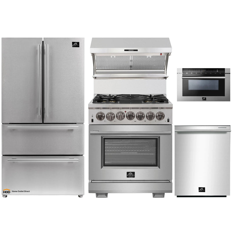 Forno 5-Piece Pro Appliance Package - 30-Inch Dual Fuel Range, Refrigerator, Wall Mount Hood with Backsplash, Microwave Drawer, & 3-Rack Dishwasher in Stainless Steel