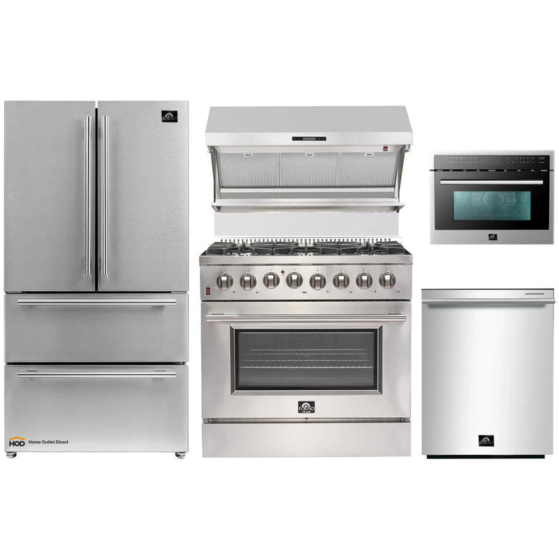 Forno 5-Piece Pro Appliance Package - 36" Dual Fuel Range, 36" Refrigerator, Wall Mount Hood with Backsplash, Microwave Drawer, & 3-Rack Dishwasher in Stainless Steel