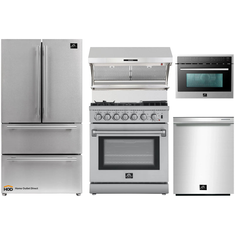 Forno 5-Piece Appliance Package - 30-Inch Dual Fuel Range with Air Fryer, Refrigerator, Wall Mount Hood with Backsplash, Microwave Oven, & 3-Rack Dishwasher in Stainless Steel