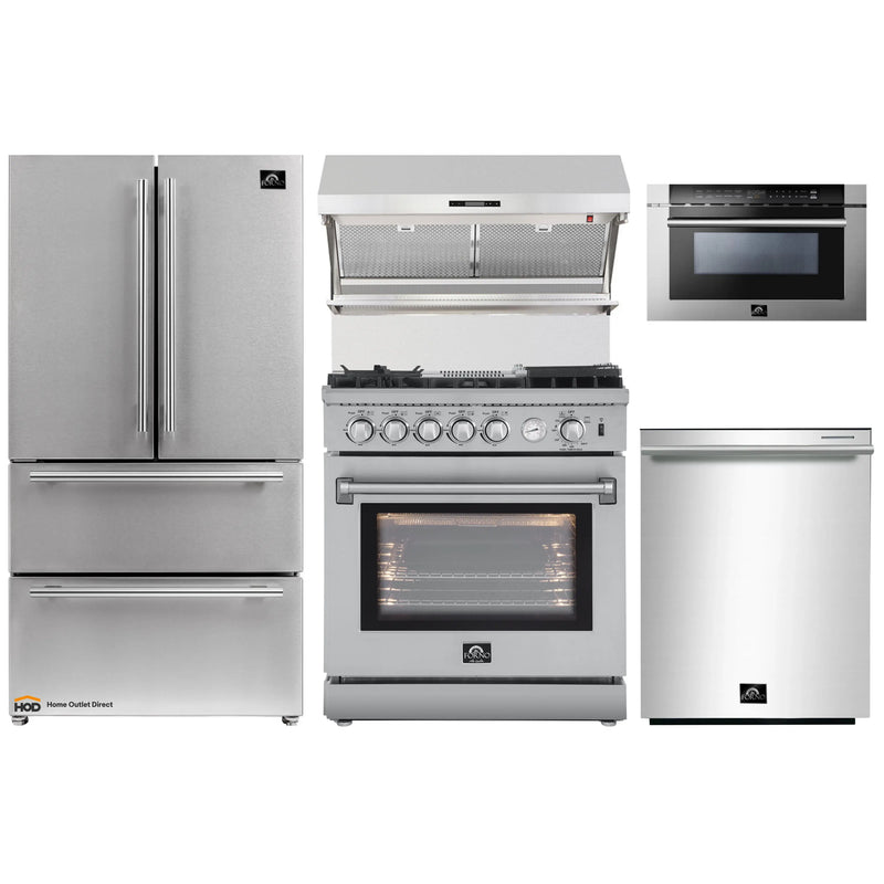 Forno 5-Piece Appliance Package - 30-Inch Gas Range with Air Fryer, Refrigerator, Wall Mount Hood with Backsplash, Microwave Drawer, & 3-Rack Dishwasher in Stainless Steel