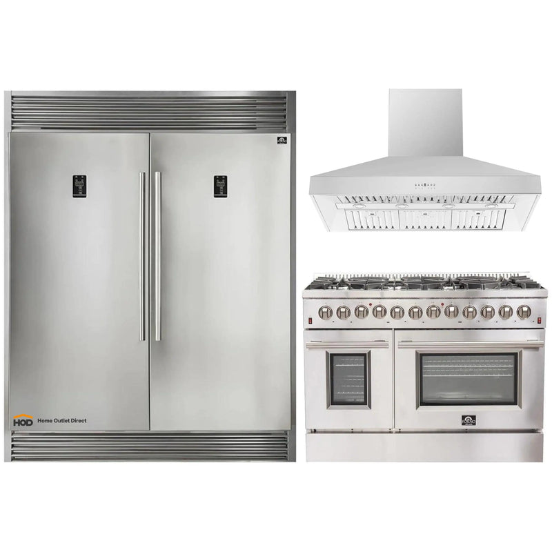 Forno 3-Piece Appliance Package - 48-Inch Gas Range, 56-Inch Pro-Style Refrigerator & Wall Mount Hood in Stainless Steel