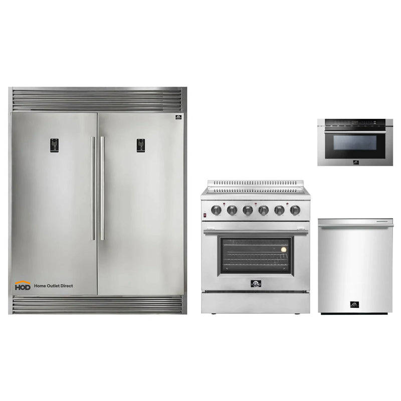 Forno 4-Piece Appliance Package - 30-Inch Electric Range, Pro-Style Refrigerator, Dishwasher, and Microwave Drawer in Stainless Steel