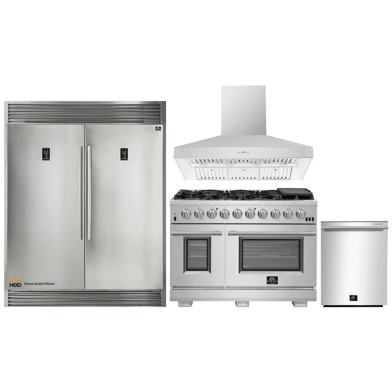 Forno 4-Piece Pro Appliance Package - 48-Inch Gas Range, 56-Inch Pro-Style Refrigerator, Wall Mount Hood, & 3-Rack Dishwasher in Stainless Steel