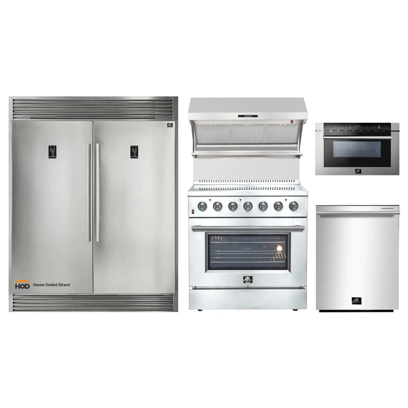 Forno 5-Piece Appliance Package - 36-Inch Electric Range, Wall Mount Range Hood with Backsplash, Pro-Style Refrigerator, Dishwasher, and Microwave Drawer in Stainless Steel