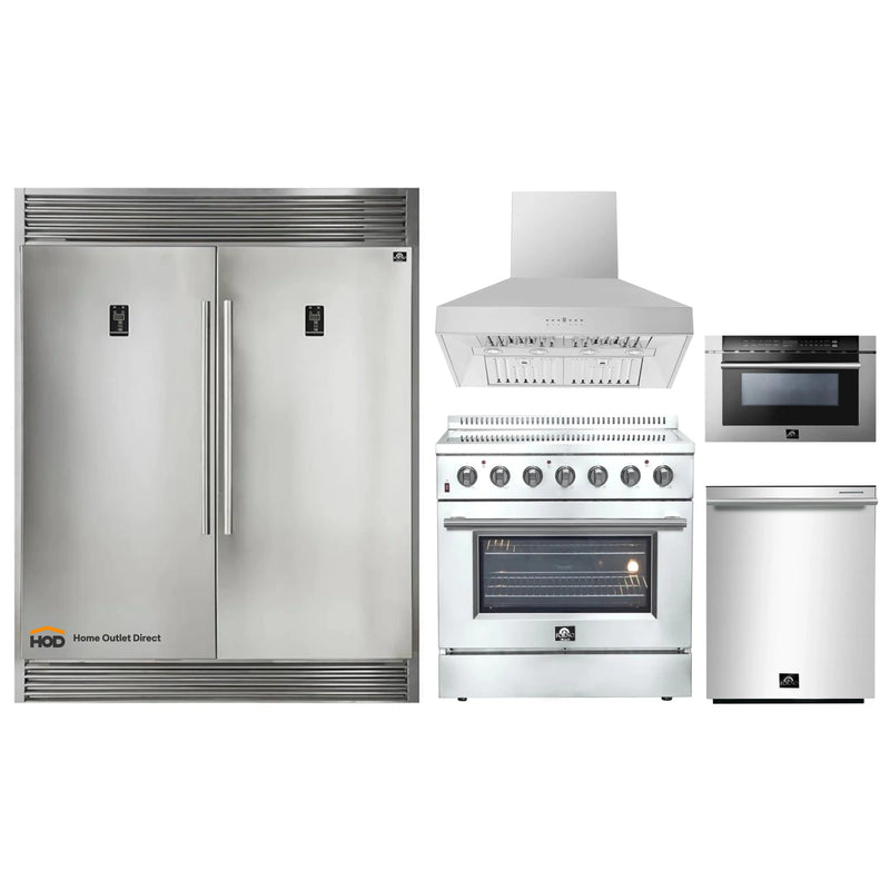 Forno 5-Piece Appliance Package - 36-Inch Electric Range, Wall Mount Range Hood, Pro-Style Refrigerator, Dishwasher, and Microwave Drawer in Stainless Steel