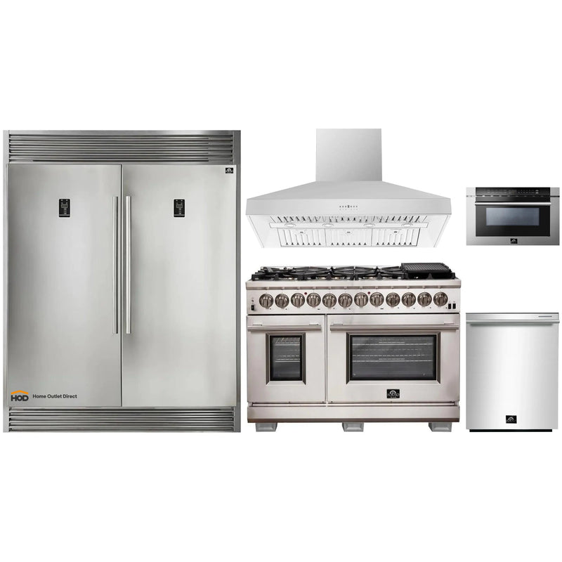 Forno 5-Piece Pro Appliance Package - 48-Inch Dual Fuel Range, 56-Inch Pro-Style Refrigerator, Wall Mount Hood, Microwave Drawer, & 3-Rack Dishwasher in Stainless Steel