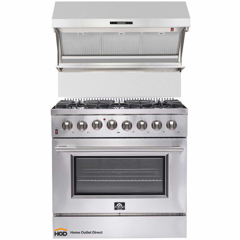 Forno 2-Piece Appliance Package - 36-Inch Dual Fuel Range & Wall Mount Hood with Backsplash in Stainless Steel