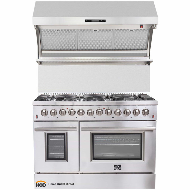 Forno 2-Piece Appliance Package - 48-Inch Dual Fuel Range & Wall Mount Hood with Backsplash in Stainless Steel