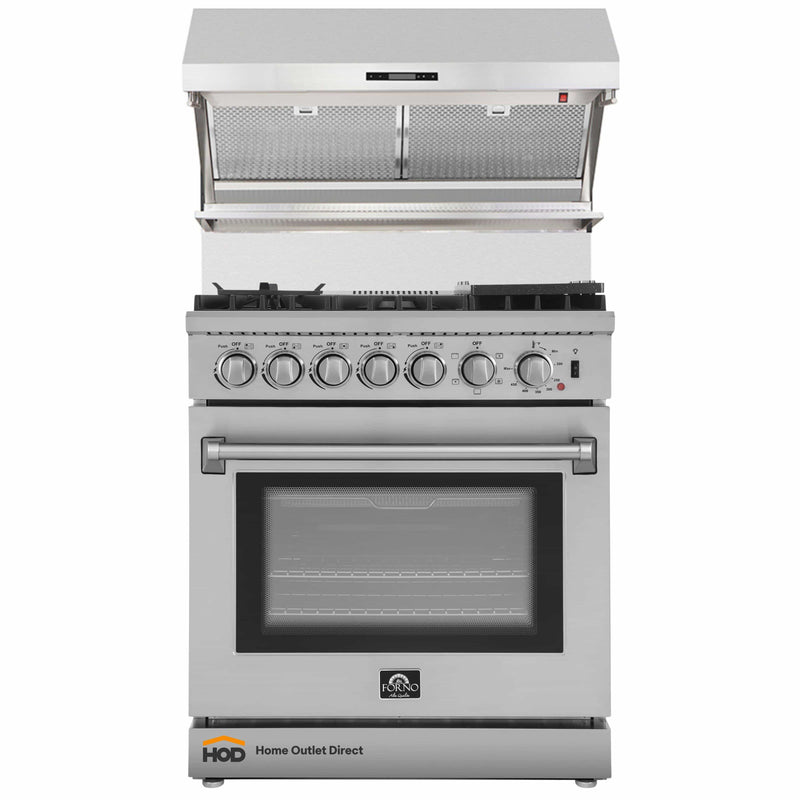 Forno 2-Piece Appliance Package - 30-Inch Dual Fuel Range with Air Fryer & Wall Mount Hood with Backsplash in Stainless Steel