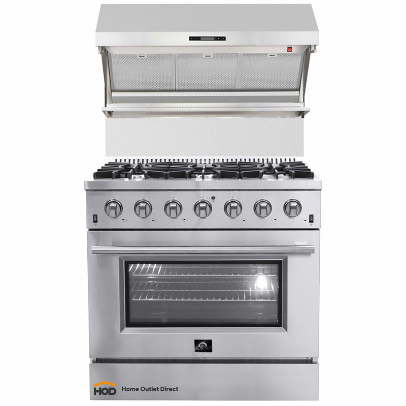 Forno 2-Piece Appliance Package - 36-Inch Gas Range & Wall Mount Hood with Backsplash in Stainless Steel