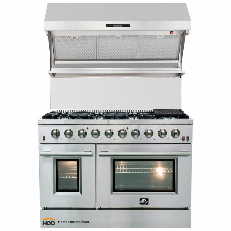 Forno 2-Piece Appliance Package - 48-Inch Gas Range & Wall Mount Hood with Backsplash in Stainless Steel