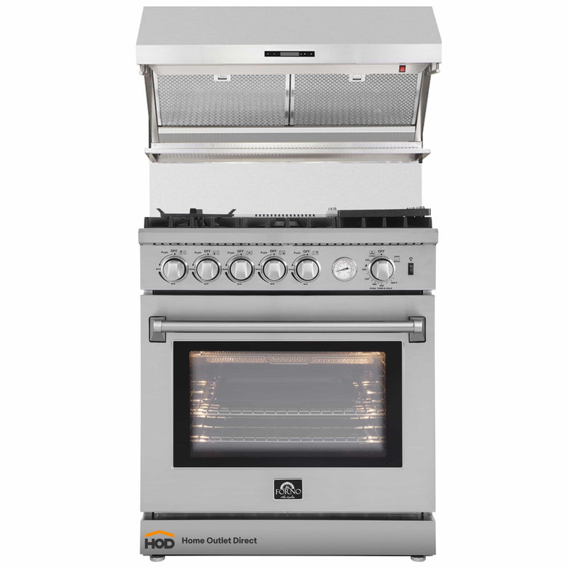 Forno 2-Piece Appliance Package - 30-Inch Gas Range with Air Fryer & Wall Mount Hood with Backsplash in Stainless Steel