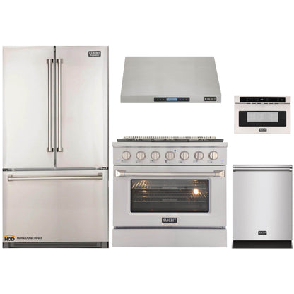 Kucht 5-Piece Appliance Package - 36-Inch Dual Range, Refrigerator, Under Cabinet Hood, Dishwasher, & Microwave Drawer in Stainless Steel