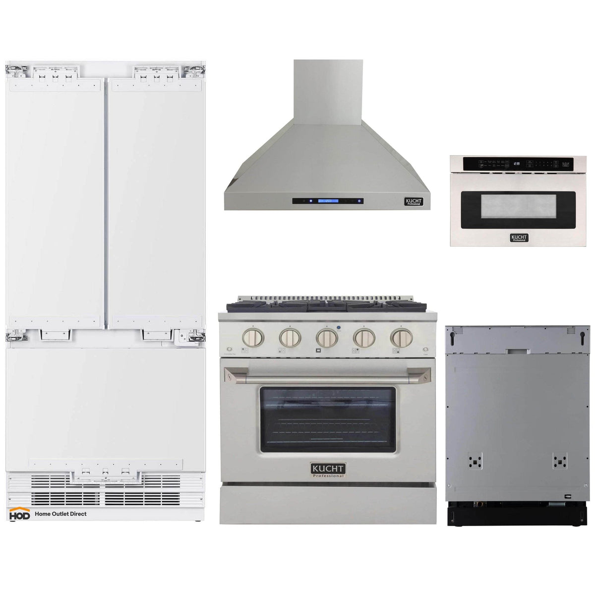 Kucht 5-Piece Appliance Package - 30-Inch Dual Fuel Range, 36-Inch Panel Ready Refrigerator, Wall Mount Hood, Panel Ready Dishwasher, & Microwave Drawer