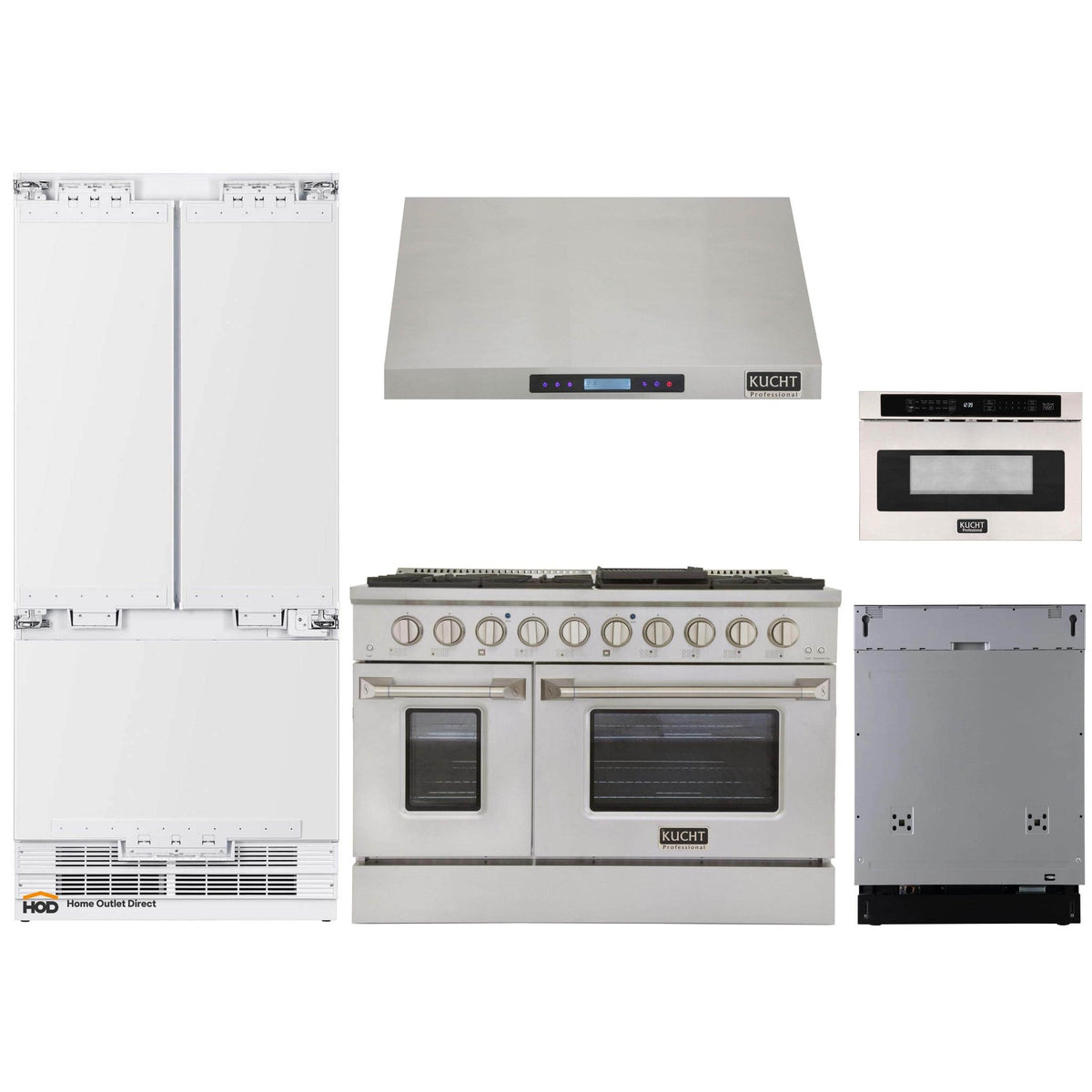 Kucht 5-Piece Appliance Package - 48" Dual Fuel Range, 36" Panel Ready Refrigerator, Under Cabinet Hood, Panel Ready Dishwasher, & Microwave Drawer