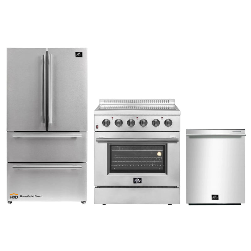 Forno 3-Piece Appliance Package - 30-Inch Electric Range, French Door Refrigerator, and Dishwasher in Stainless Steel