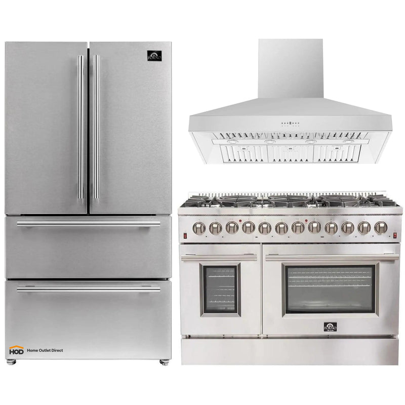 Forno 3-Piece Appliance Package - 48-Inch Dual Fuel Range, 36-Inch Refrigerator & Wall Mount Hood in Stainless Steel