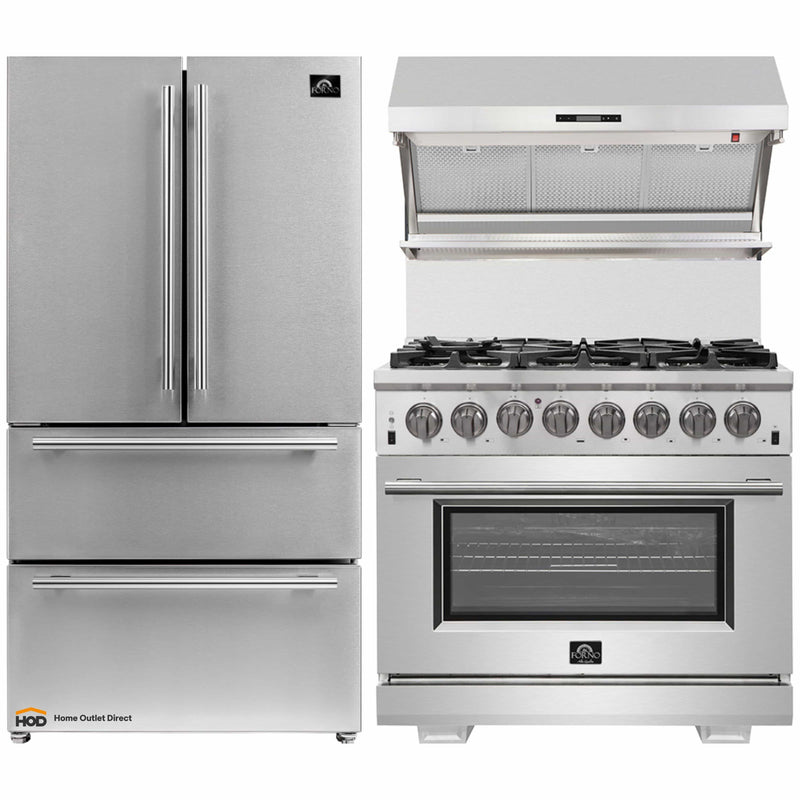 Forno 3-Piece Pro Appliance Package - 36-Inch Dual Fuel Range, 36-Inch Refrigerator & Wall Mount Hood with Backsplash in Stainless Steel