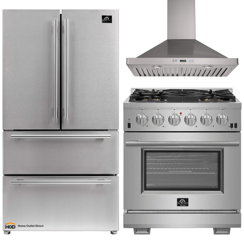 Forno 3-Piece Pro Appliance Package - 30-Inch Gas Range, Refrigerator, & Wall Mount Hood in Stainless Steel