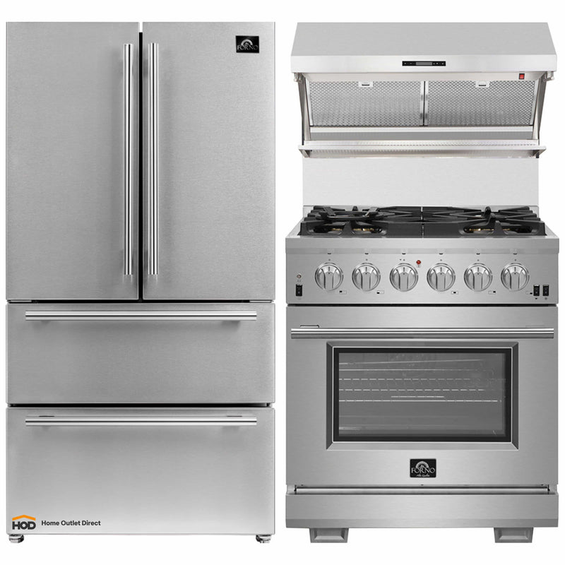 Forno 3-Piece Pro Appliance Package - 30-Inch Gas Range, Refrigerator, & Wall Mount Hood with Backsplash in Stainless Steel