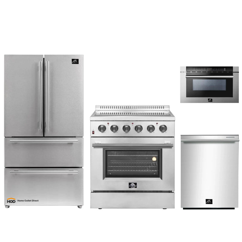 Forno 4-Piece Appliance Package - 30-Inch Electric Range, French Door Refrigerator, Dishwasher, and Microwave Drawer in Stainless Steel