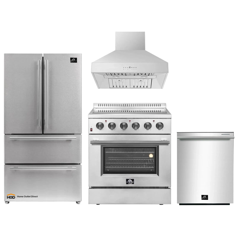 Forno 4-Piece Appliance Package - 30-Inch Electric Range, Wall Mount Range Hood, French Door Refrigerator, and Dishwasher in Stainless Steel