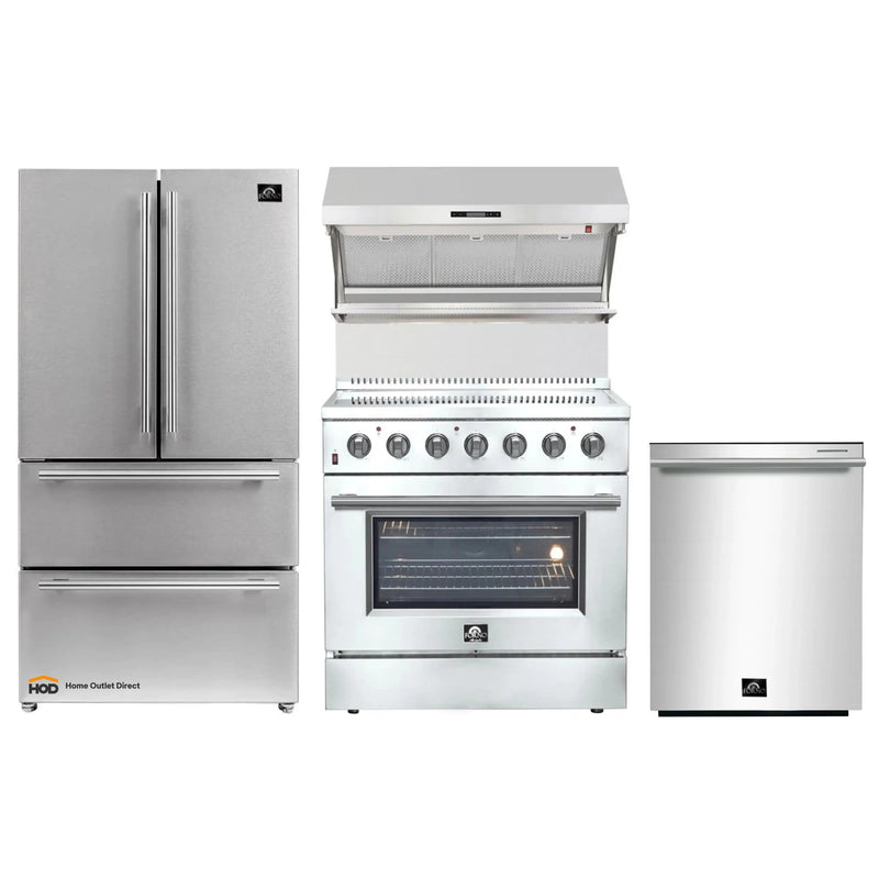 Forno 4-Piece Appliance Package - 36-Inch Electric Range, Wall Mount Range Hood with Backsplash, French Door Refrigerator, and Dishwasher in Stainless Steel