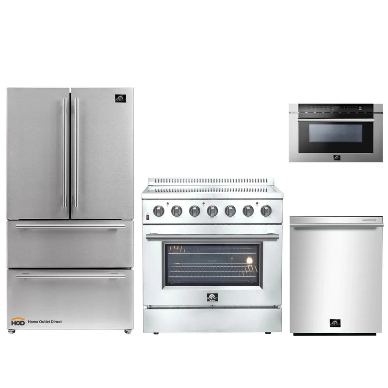 Forno 4-Piece Appliance Package - 36-Inch Electric Range, French Door Refrigerator, Dishwasher, and Microwave Drawer in Stainless Steel