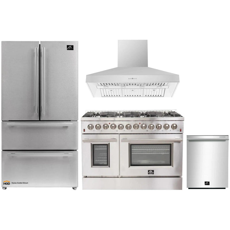 Forno 4-Piece Appliance Package - 48-Inch Dual Fuel Range, Refrigerator, Wall Mount Hood, & 3-Rack Dishwasher in Stainless Steel