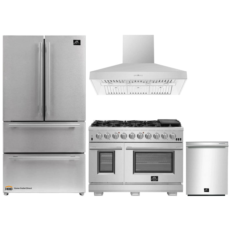 Forno 4-Piece Pro Appliance Package - 48-Inch Gas Range, Refrigerator, Wall Mount Hood, & 3-Rack Dishwasher in Stainless Steel