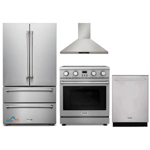 Thor Kitchen 4-Piece Appliance Package - 30-Inch Electric Range, Wall Mount Range Hood, Refrigerator, and Dishwasher in Stainless Steel