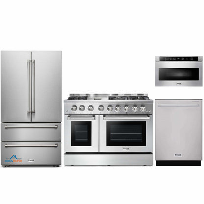 Thor Kitchen 4-Piece Pro Appliance Package - 48-Inch Dual Fuel Range, French Door Refrigerator, Dishwasher, and Microwave Drawer in Stainless Steel