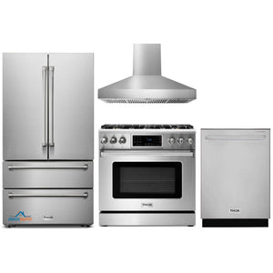 Thor Kitchen 4-Piece Appliance Package - 36-Inch Gas Range with Tilt Panel, French Door Refrigerator, Pro-Style Wall Mount Hood, and Dishwasher in Stainless Steel