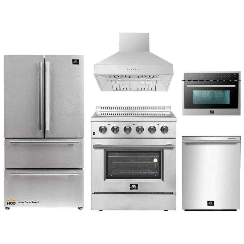 Forno 5-Piece Appliance Package - 30-Inch Electric Range, Wall Mount Range Hood, French Door Refrigerator, Dishwasher, and MicrowaveOven in Stainless Steel