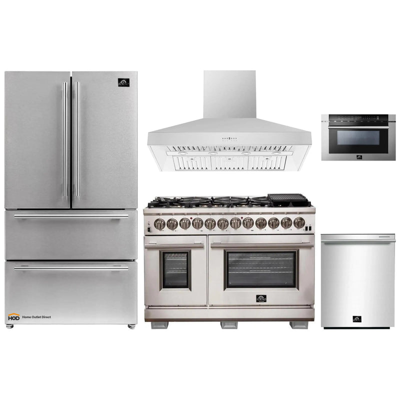 Forno 5-Piece Pro Appliance Package - 48-Inch Dual Fuel Range, Refrigerator, Wall Mount Hood, Microwave Drawer, & 3-Rack Dishwasher in Stainless Steel