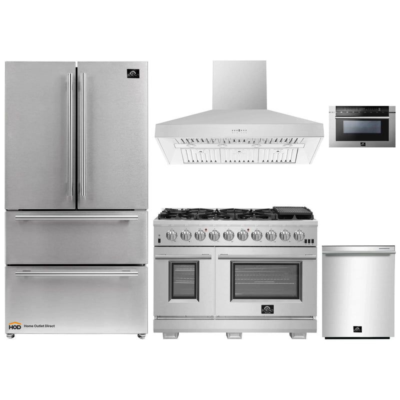 Forno 5-Piece Pro Appliance Package - 48-Inch Gas Range, Refrigerator, Wall Mount Hood, Microwave Drawer, & 3-Rack Dishwasher in Stainless Steel