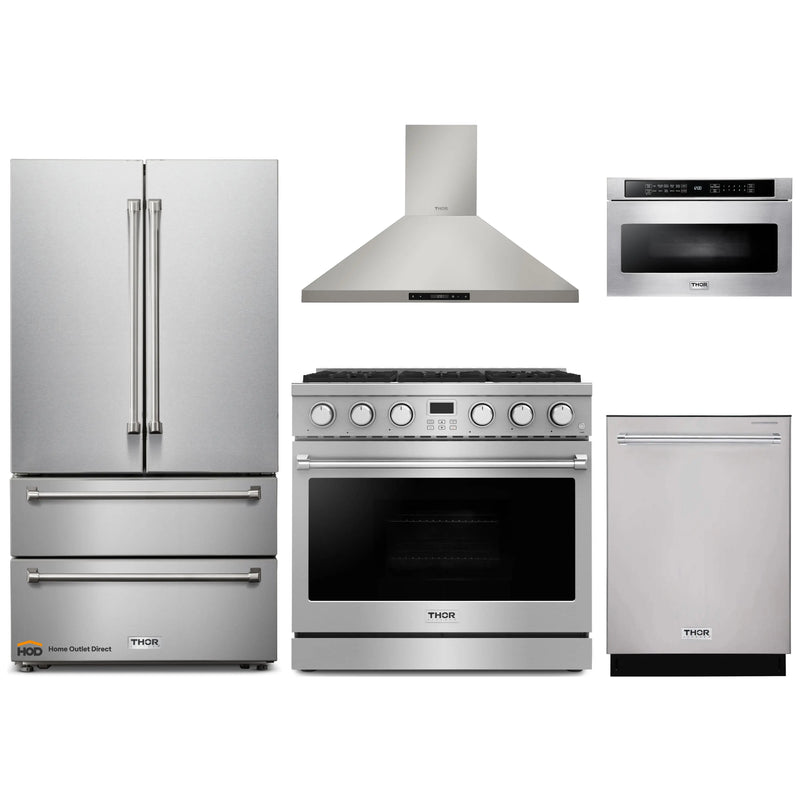 Thor Kitchen 5-Piece Appliance Package - 36-Inch Gas Range, Wall Mount Range Hood, Refrigerator, Dishwasher, and Microwave in Stainless Steel