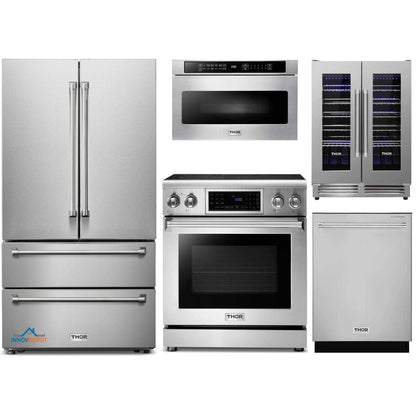 Thor Kitchen 5-Piece Appliance Package - 30-Inch Electric Range with Tilt Panel, French Door Refrigerator, Dishwasher, Microwave Drawer, & Wine Cooler in Stainless Steel