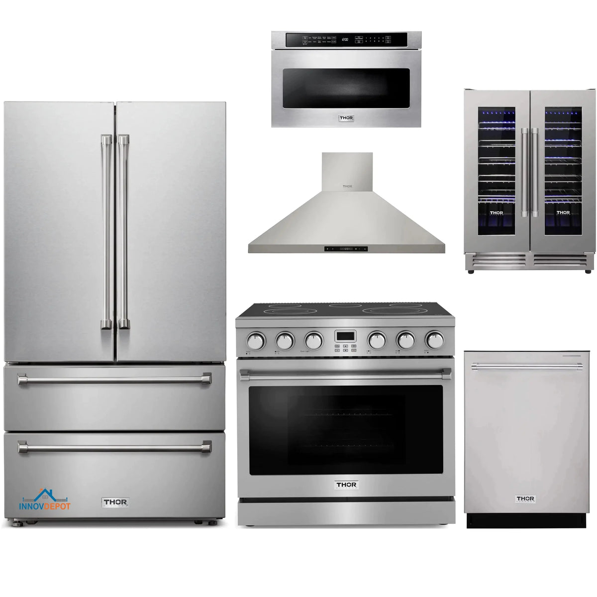 Thor Kitchen 6-Piece Appliance Package - 36-Inch Electric Range, Wall Mount Range Hood, Refrigerator, Dishwasher, Microwave, and Wine Cooler in Stainless Steel