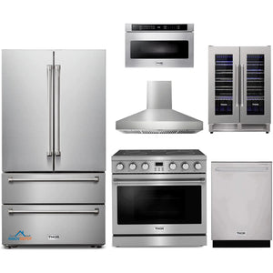 Thor Kitchen 6-Piece Appliance Package - 36-Inch Electric Range, Pro-Style Wall Mount Range Hood, Refrigerator, Dishwasher, Microwave, and Wine Cooler in Stainless Steel