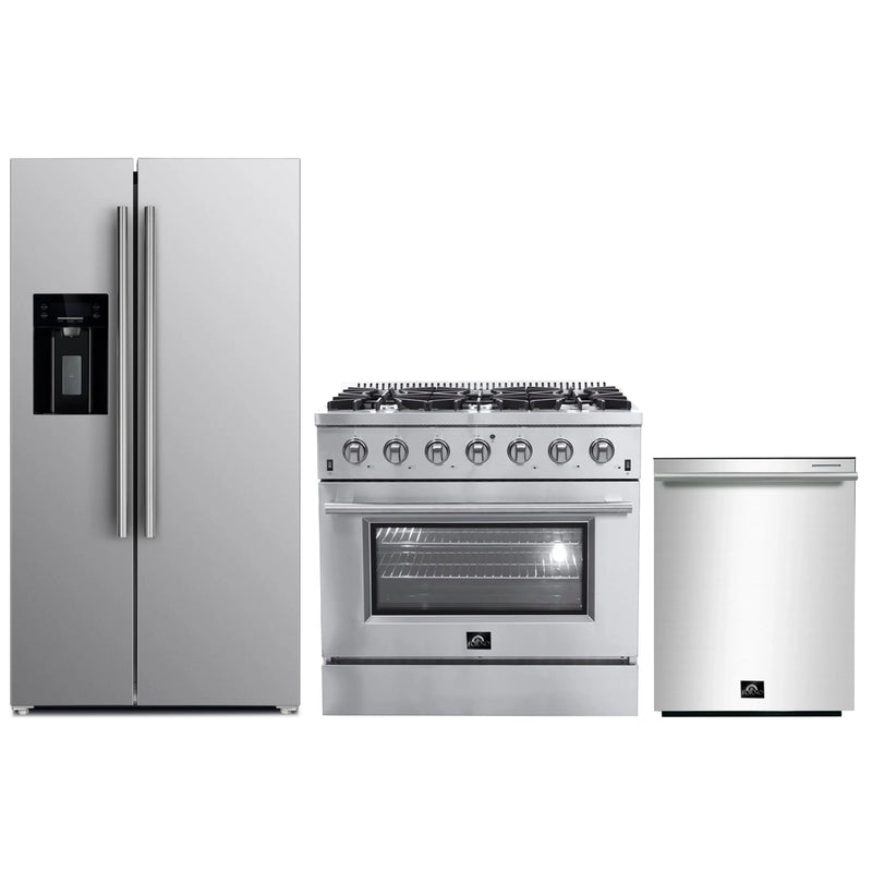 Forno 3-Piece Appliance Package - 36-Inch Gas Range, Refrigerator with Water Dispenser, & Dishwasher in Stainless Steel