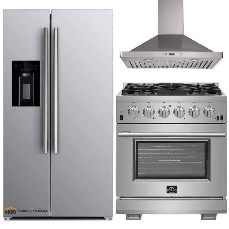 Forno 3-Piece Pro Appliance Package - 30-Inch Gas Range, Refrigerator with Water Dispenser, & Wall Mount Hood in Stainless Steel