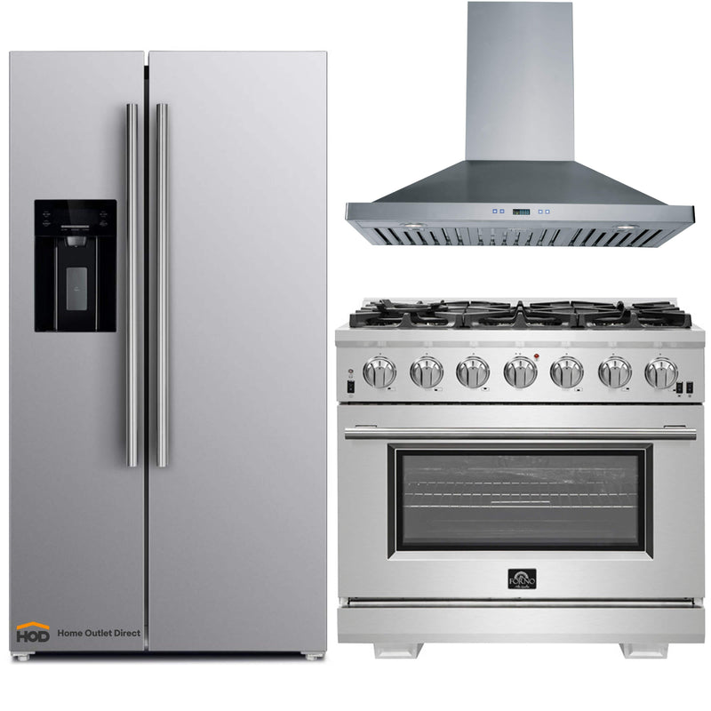 Forno 3-Piece Pro Appliance Package - 36-Inch Gas Range, Refrigerator with Water Dispenser, & Wall Mount Hood in Stainless Steel