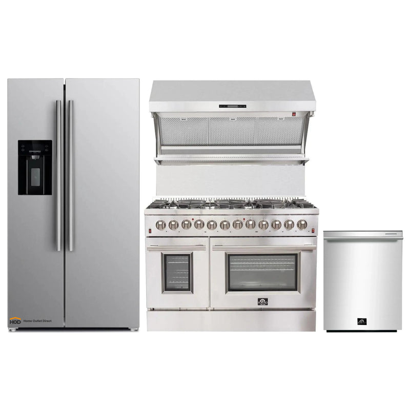 Forno 4-Piece Appliance Package - 48-Inch Dual Fuel Range, Refrigerator with Water Dispenser, Wall Mount Hood with Backsplash, & 3-Rack Dishwasher in Stainless Steel