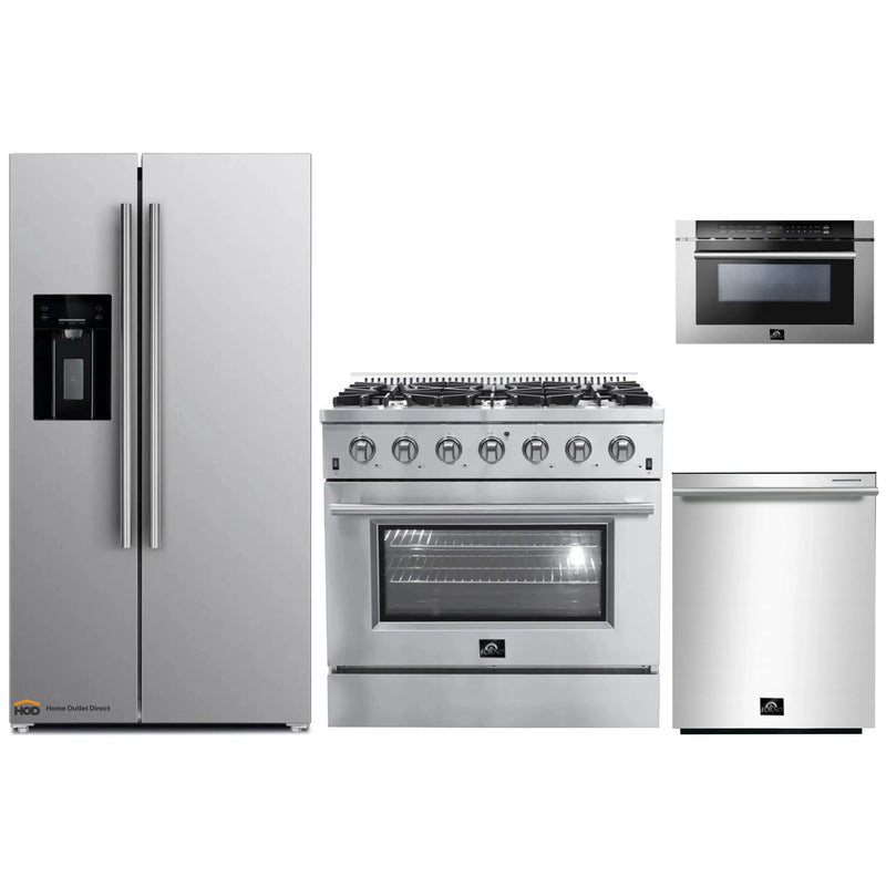 Forno 4-Piece Appliance Package - 36-Inch Gas Range, Refrigerator with Water Dispenser, Microwave Drawer, & 3-Rack Dishwasher in Stainless Steel