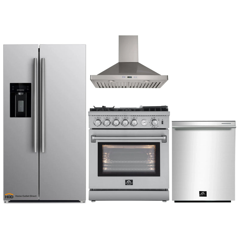 Forno 4-Piece Appliance Package - 30-Inch Gas Range with Air Fryer, Refrigerator with Water Dispenser, Wall Mount Hood, & 3-Rack Dishwasher in Stainless Steel