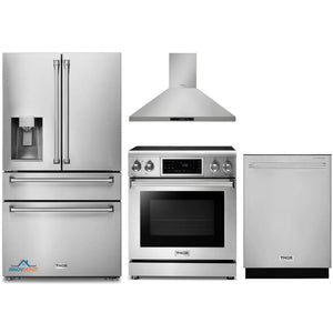 Thor Kitchen 4-Piece Appliance Package - 30-Inch Electric Range with Tilt Panel, Refrigerator with Water Dispenser, Wall Mount Hood, & Dishwasher in Stainless Steel