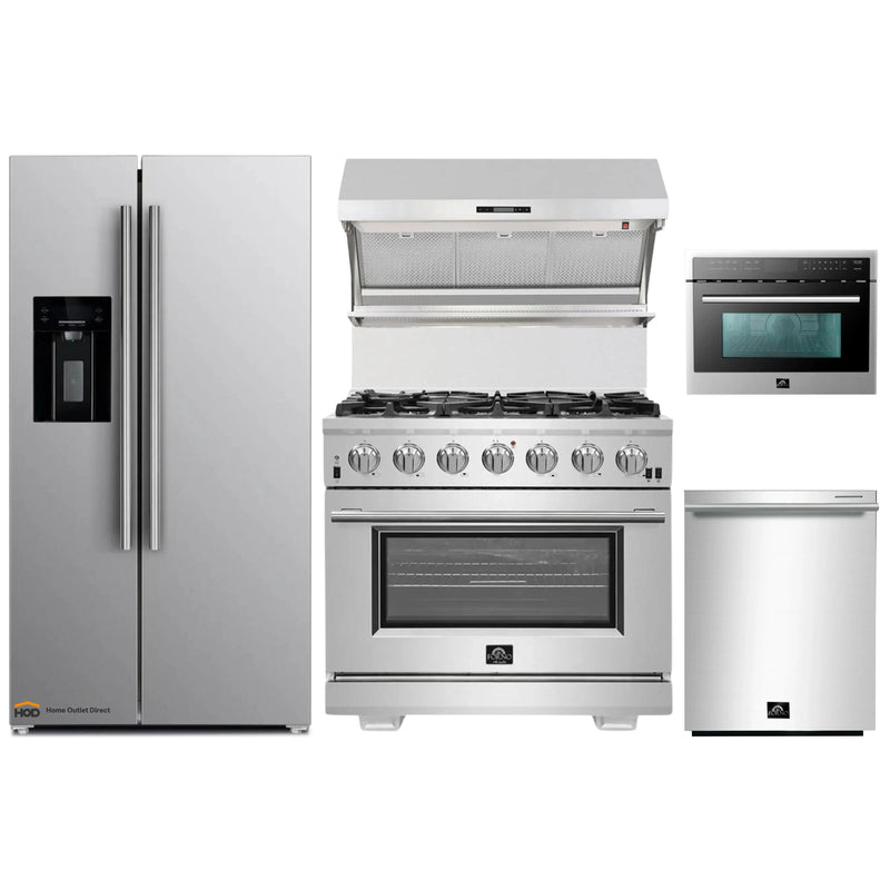 Forno 5-Piece Pro Appliance Package - 36-Inch Gas Range, Refrigerator with Water Dispenser, Wall Mount Hood with Backsplash, Microwave Oven, & 3-Rack Dishwasher in Stainless Steel