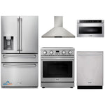 Thor Kitchen 5-Piece Appliance Package - 30-Inch Electric Range, Wall Mount Range Hood, Refrigerator with Water Dispenser, Dishwasher, and Microwave in Stainless Steel